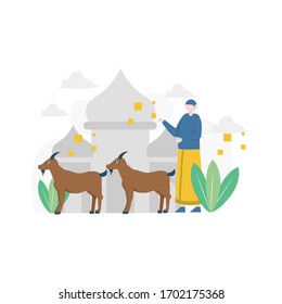 Eid al-Adha Qurban celebration, celebrated all Muslims by slaughtering livestock vector illustration, suitable for landing page, ui, website, mobile app, editorial, poster, flyer, article, and banner