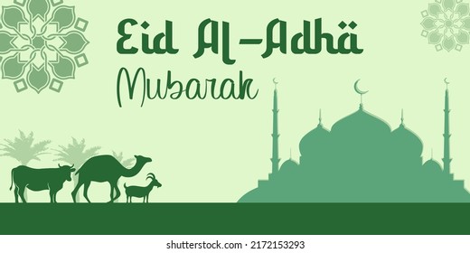 Eid al-Adha qurban Mubarak green background with a mosque and Qurban Animals Collection with Illustration of Camel, Cow, and Goat. used for Eid al-Adha greetings concept banner copy space template 