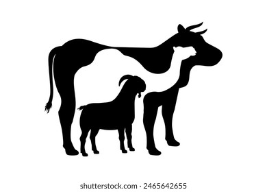 Eid al-Adha sacrifice animal silhouette vector illustration. Cow, camel, and goat silhouette in negative space style