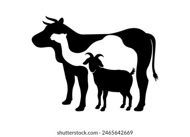 Eid al-Adha sacrifice animal silhouette vector illustration. Cow, camel, and goat silhouette in negative space style