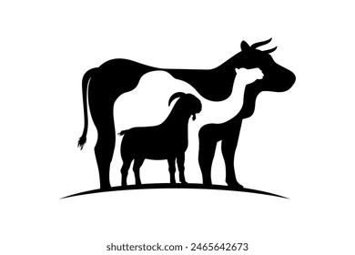 Eid al-Adha sacrifice animal silhouette vector illustration. Cow, camel, and goat silhouette in negative space style