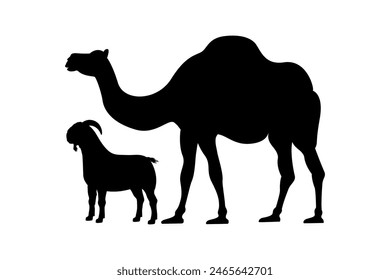 Eid al-Adha sacrifice animal silhouette. Goat and camel silhouette for stock farming design.