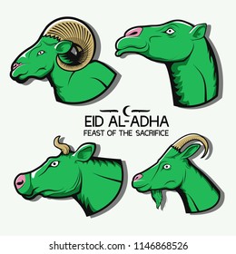 Eid al-Adha. Set of illustrations. Camel, cow, sheep and goat. Logo, icon, emblem, sticker, print.