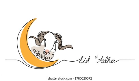 Eid Al-Adha Simple Vector Background, Web Banner With Sheep Goat And Crescent. One Continuous Line Drawing Of Sheep And Moon.