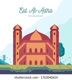 Eid Al-Adha Social Media Banner Vector Template. Happy Eid Al-Adha Greeting Card Template. Flat Mosque Illustration