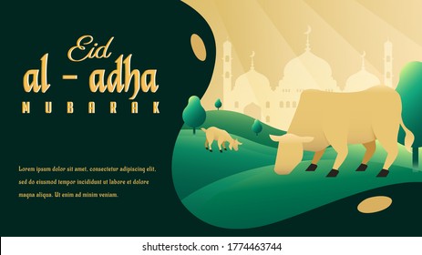 Eid Al-Adha Template Design. Holy Day for Muslims and Islam. Vector illustration of Cow and goat eat grass.the sacrifice a cow and goat. Suitable for posters, banners, web campaigns and greeting cards