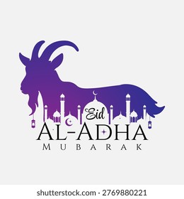 eid al-adha text with sacrificial animals and mosque. great for greeting card, invitation, social media or banner