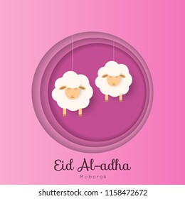 Eid Al-adha text with sheep illustration, paper cut style, muslim sacrifice festival. Vector eps 10