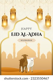 Eid al-Adha Theme Vertical Poster Template Design Display of four lanterns and two animals