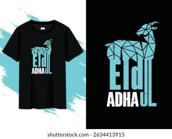 eid al-adha t-shirt, design featuring a geometric goat silhouette and distressed typography on a black background — ideal for islamic holiday apparel and festive wear