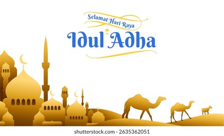 Eid al-Adha com silhuetas de mesquita, camelo e cabra. Ideal para celebrações de feriados islâmicos.