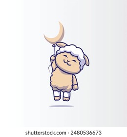 Eid al-Adha vector. Cute Sheep Swimming with Moon Cartoon Vector Icon Illustration. Animal Nature Icon Concept Isolated Premium Vector. Flat Cartoon Style