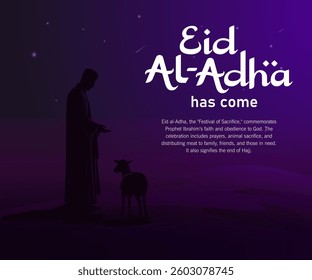 Eid al-Adha vector illustration with arabian desert, moslem, and sacrificial animals. Perfect for greetings, banners, and social media.