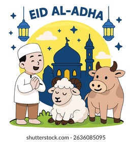Eid al-Adha Vector Illustration – Cute Cartoon Sheep, Goat and Cow in Flat Style