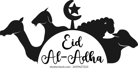 Eid al-Adha vector illustration featuring silhouettes of sheep, goats, cows, and camels, perfect for greeting card designs.