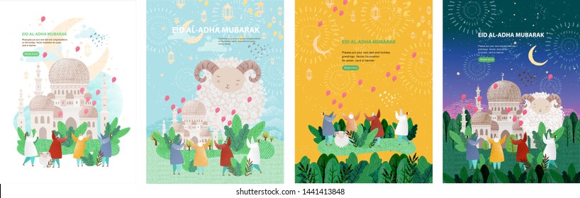 Eid al-Adha! Vector illustration to the holy Islamic holiday for poster, background or card. Drawings of a ram, a mosque, people rejoicing and a crescent
