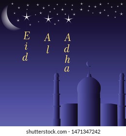 Eid al-Adha vector illustration. Mosque under the moon and stars.