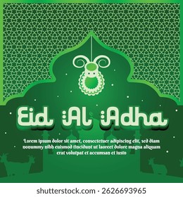 Eid al-Adha Vector Illustration with Mosque Silhouette and Lantern. Perfect for Islamic holiday greeting cards, banners, and festive posters.
