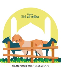 Eid al-Adha vector illustration: sacrificial animal, Goat in a cage on green grass with a mosque background