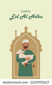 Eid al-Adha Vetor com Homem Muçulmano e Ilustração Ovelha. Ilustração vetorial plana de um homem muçulmano segurando uma ovelha para a celebração do Eid al-Adha. Perfeito para desenhos de feriados islâmicos, cartões e cartazes