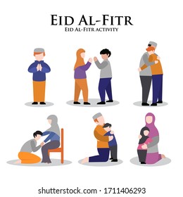 eid al-fitr activity, sorry's virtual set, apologize to a friend, apologize to the parents, the father hugs the child, mother hugs child, flat illustration