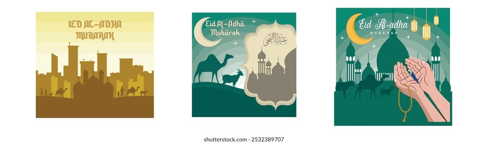 Eid Al-Fitr. Eid al-Adha. religious holidays. Eid al-Adha is a Muslim holiday involving sacrificial animals. Eid al adha ramadan with prayer hands. Set flat vector modern illustration