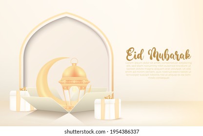 eid al-fitr background with crescent,lantern and gift box. eid mubarak banner celebration design concept.