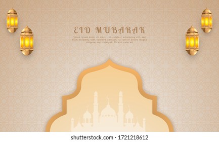 Eid al-Fitr background with hanging lights and pastel colors, light brown color, eid mubarak background, ramadan and islamic religion wallpaper.