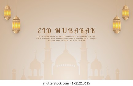 Eid al-Fitr background with hanging lights and pastel colors, light brown color, eid mubarak background, ramadan and islamic religion wallpaper.