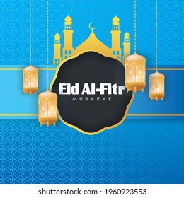 Eid Al-Fitr Banner. Golden Mosques and Lamp on Blue Background Vector Illustration for greeting card, poster and voucher.