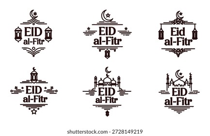Gráficos de la celebración de Eid al Fitr con diseños de mezquitas y linternas
