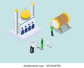 Eid al-fitr celebration at mosque isometric 3d vector concept for banner, website, illustration, landing page, flyer, etc.