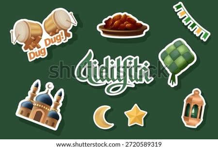 Eid al-Fitr Celebration Sticker Set with Islamic Icons, Ketupat, Lanterns, Mosque and Crescent Moon. Aidilfitri Translation : Eid al Fitr