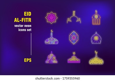 Eid al-Fitr collection in neon style. Muslim, celebration and tradition. Vector illustrations for luminous banners. Faith, holiday and religion concept