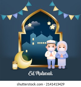 Eid al-fitr in covid-19 theme greeting card. Cartoon style vector design 