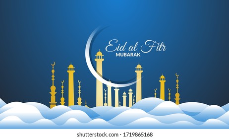 Diseño Eid al-Fitr con nubes y luna creciente