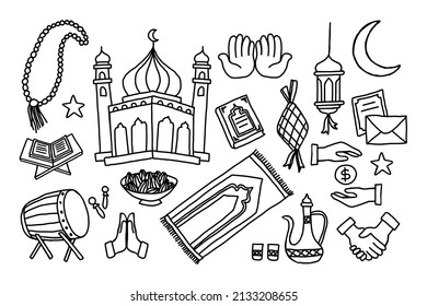 Eid al-Fitr doodle vector collection, Muslim victory day