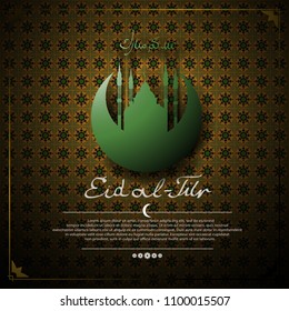 Eid al-Fitr (Feast of Breaking the Fast). Background with mosque and Crescent. Lettering-may your holiday be blessed.