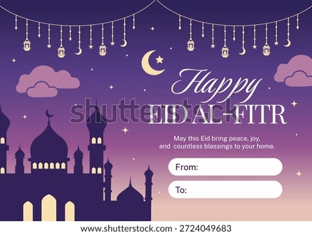 Eid al-Fitr Gift Card Template with "To" and "From" Blank Fields, Mosque Silhouette, and Purple Night Theme.