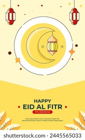 Eid al-Fitr greeting card with the concept of lantern lights and a crescent moon. eid mubarak vector. Muslim holiday. Can be used for Islamic events and greeting cards