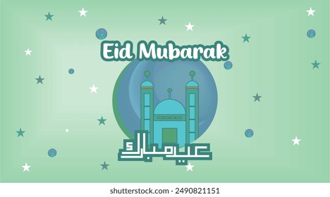 Eid al-Fitr greeting card design with crescent moon and mosque