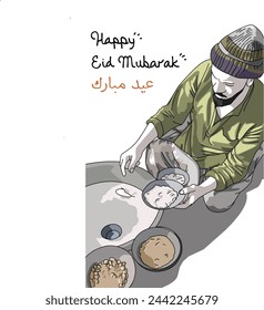 Eid al-Fitr greeting card with a man With food