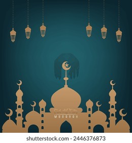 Eid al-Fitr greeting design template for social media posts with a blue and gold theme	
