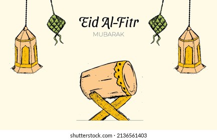 Eid al-Fitr greeting hand drawn illustration