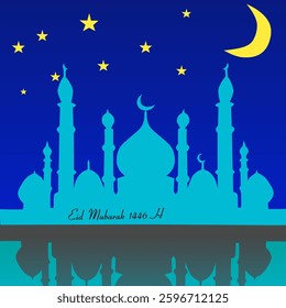 Eid al-Fitr greetings with a silhouette of a mosque under the bright moon and stars