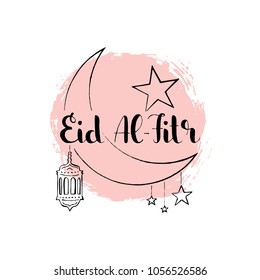 Eid Al-Fitr handwritten lettering. Feast of breaking the fast. Modern vector hand drawn calligraphy with crescent moon, hanging stars, lantern and brush painted texture isolated on white background