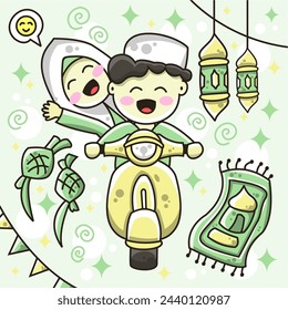 Ilustración de regreso a casa de Eid al-Fitr, 2 personas montando una moto para ir a casa, varios adornos de Eid, con el color dominante de verde pastel brillante y tranquilo.