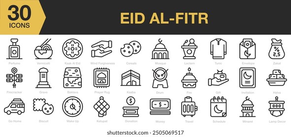 Eid Al-Fitr icon sets. Includes ramadan, mosque, gift, money, lamp, zakat, donation, and More. Outline icons vector collection.