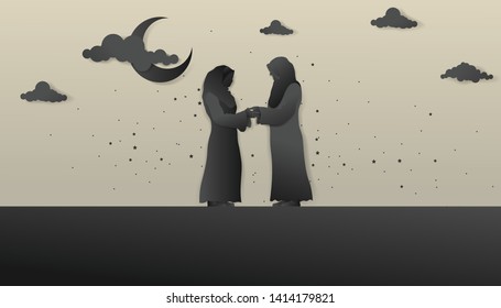 Eid al-fitr islamic greeting card template arabic - paper art vector