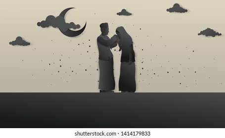 Eid al-fitr islamic greeting card template arabic - paper art vector